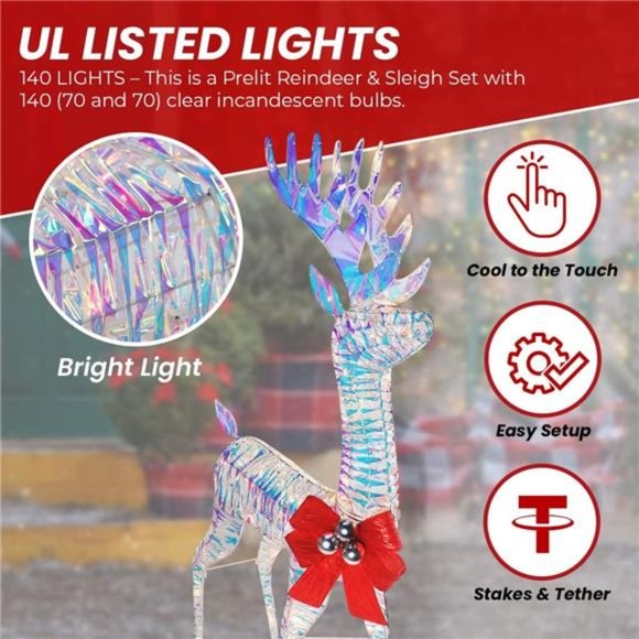 Iridescent Christmas Reindeer and Santa Sleigh Set (4ft w/ 140 Lights) - Picture 5 of 6